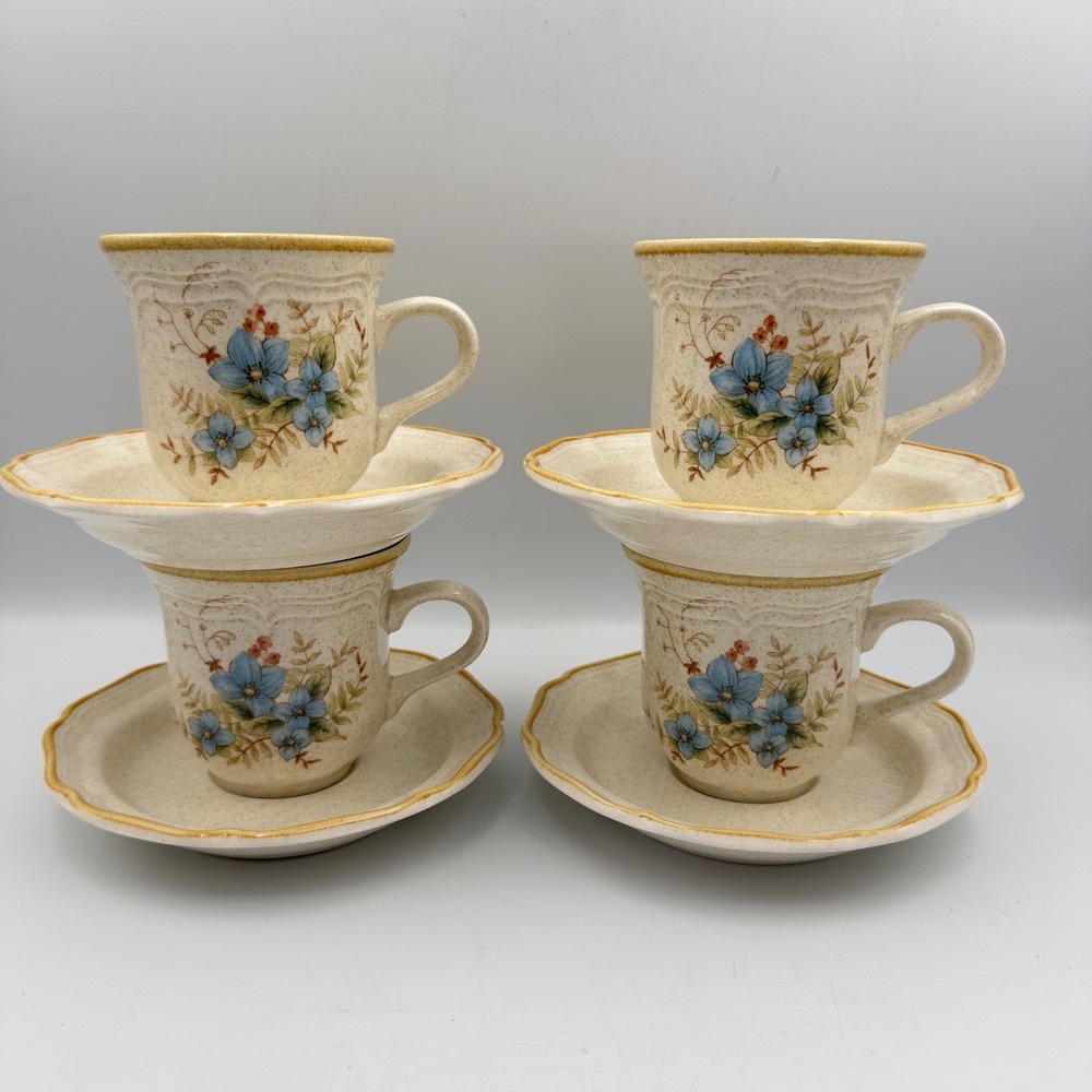 Mikasa‎ Garden Club Day Dreams Blue Floral Stoneware Cup Saucer Set 4 -EC400 461